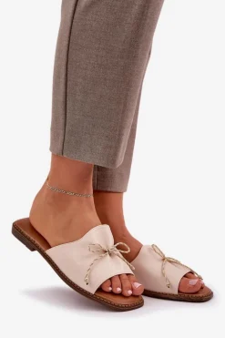 Klapki Na Płaskiej Podeszwie Z Ozdobną Kokardką Beżowe Deonelis