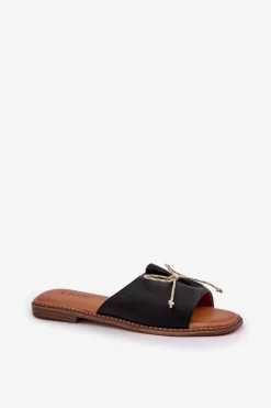 Klapki Na Płaskiej Podeszwie Z Ozdobną Kokardką Czarne Deonelis