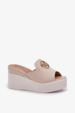 Klapki Na Platformie I Koturnie Z Ozdobą Jasnobeżowe Nanessia