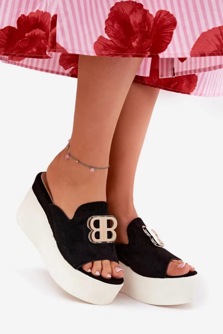 Klapki Na Platformie I Koturnie Z Ozdobą Czarne Tanonea