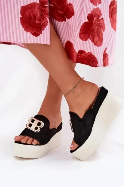 Klapki Na Platformie I Koturnie Z Ozdobą Czarne Tanonea