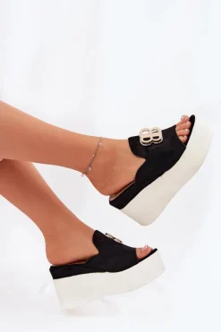 Klapki Na Platformie I Koturnie Z Ozdobą Czarne Tanonea