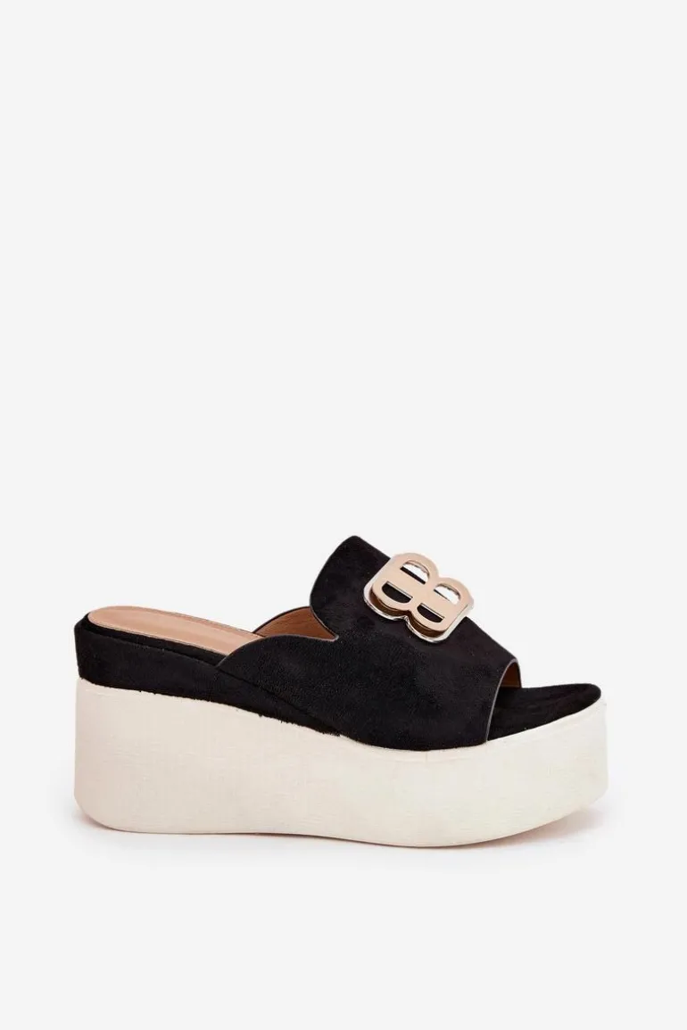 Klapki Na Platformie I Koturnie Z Ozdobą Czarne Tanonea