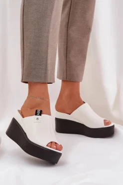 Klapki Na Platformie I Koturnie Eko Skórzane Białe Eridoria