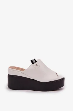 Klapki Na Platformie I Koturnie Eko Skórzane Białe Eridoria
