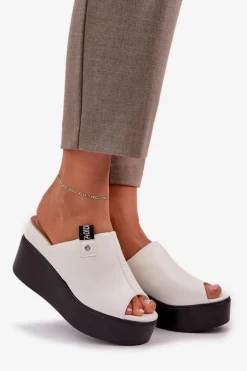 Klapki Na Platformie I Koturnie Eko Skórzane Białe Eridoria