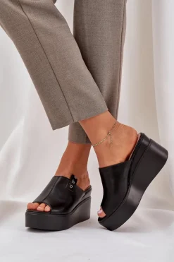 Klapki Na Platformie I Koturnie Eko Skórzane Czarne Eridoria