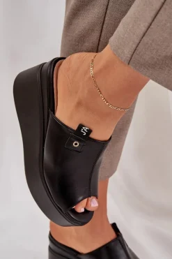 Klapki Na Platformie I Koturnie Eko Skórzane Czarne Eridoria