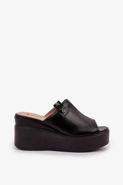Klapki Na Platformie I Koturnie Eko Skórzane Czarne Eridoria