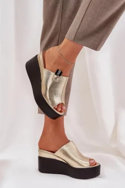 Klapki Na Platformie I Koturnie Eko Skórzane Złote Eridoria