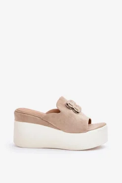 Klapki Na Platformie I Koturnie Z Ozdobą Beżowe Tanonea