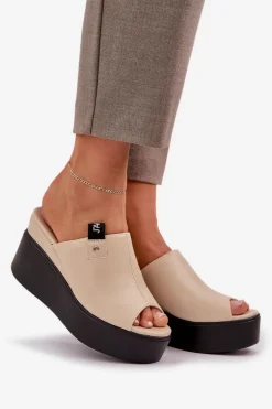 Klapki Na Platformie I Koturnie Eko Skórzane Beżowe Eridoria