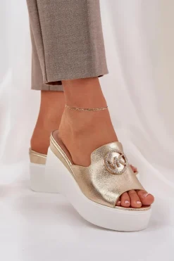 Klapki Na Platformie I Koturnie Z Ozdobą Złote Nanessia