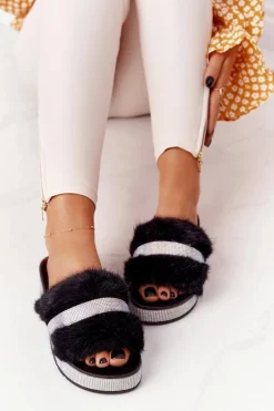 Klapki Na Platformie Z Futerkiem I Cyrkoniami Czarne Impress