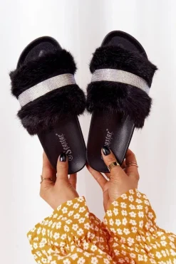 Klapki Na Platformie Z Futerkiem I Cyrkoniami Czarne Impress