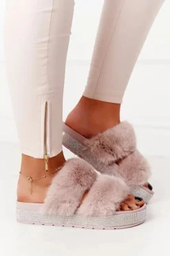 Klapki Na Platformie Z Futerkiem I Cyrkoniami Beżowe Wow!