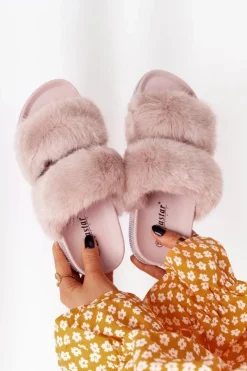 Klapki Na Platformie Z Futerkiem I Cyrkoniami Beżowe Wow!