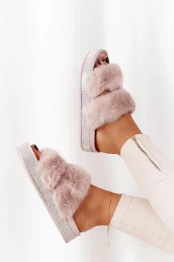 Klapki Na Platformie Z Futerkiem I Cyrkoniami Beżowe Wow!