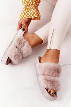 Klapki Na Platformie Z Futerkiem I Cyrkoniami Beżowe Wow!