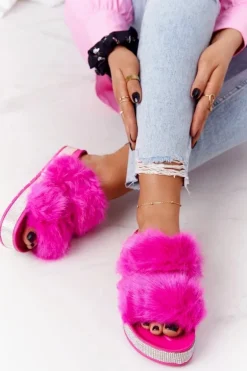 Klapki Na Platformie Z Futerkiem I Cyrkoniami Fuksja Wow!