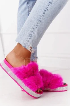 Klapki Na Platformie Z Futerkiem I Cyrkoniami Fuksja Wow!