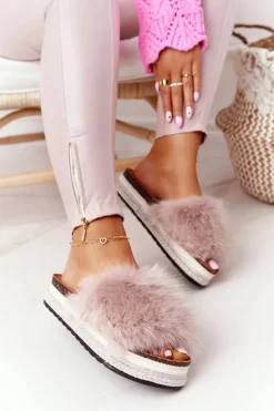 Klapki Na Platformie z Futerkiem Beżowe Adventure