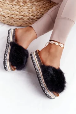 Klapki Na Platformie z Futerkiem Czarne Adventure