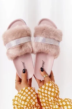 Klapki Na Platformie Z Futerkiem I Cyrkoniami Beżowe Impress