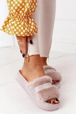 Klapki Na Platformie Z Futerkiem I Cyrkoniami Beżowe Impress