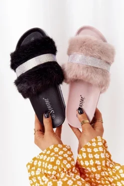 Klapki Na Platformie Z Futerkiem I Cyrkoniami Beżowe Impress