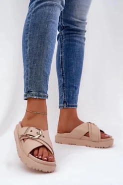 Klapki Na Platformie Z Klamrą Beżowe Honavia