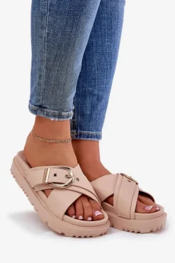 Klapki Na Platformie Z Klamrą Beżowe Honavia