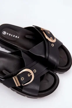 Klapki Na Platformie Z Klamrą Czarne Honavia