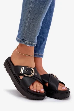 Klapki Na Platformie Z Klamrą Czarne Honavia