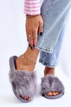 Klapki Z Futerkiem Gumowe Szare Allyson