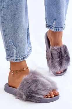 Klapki Z Futerkiem Gumowe Szare Allyson