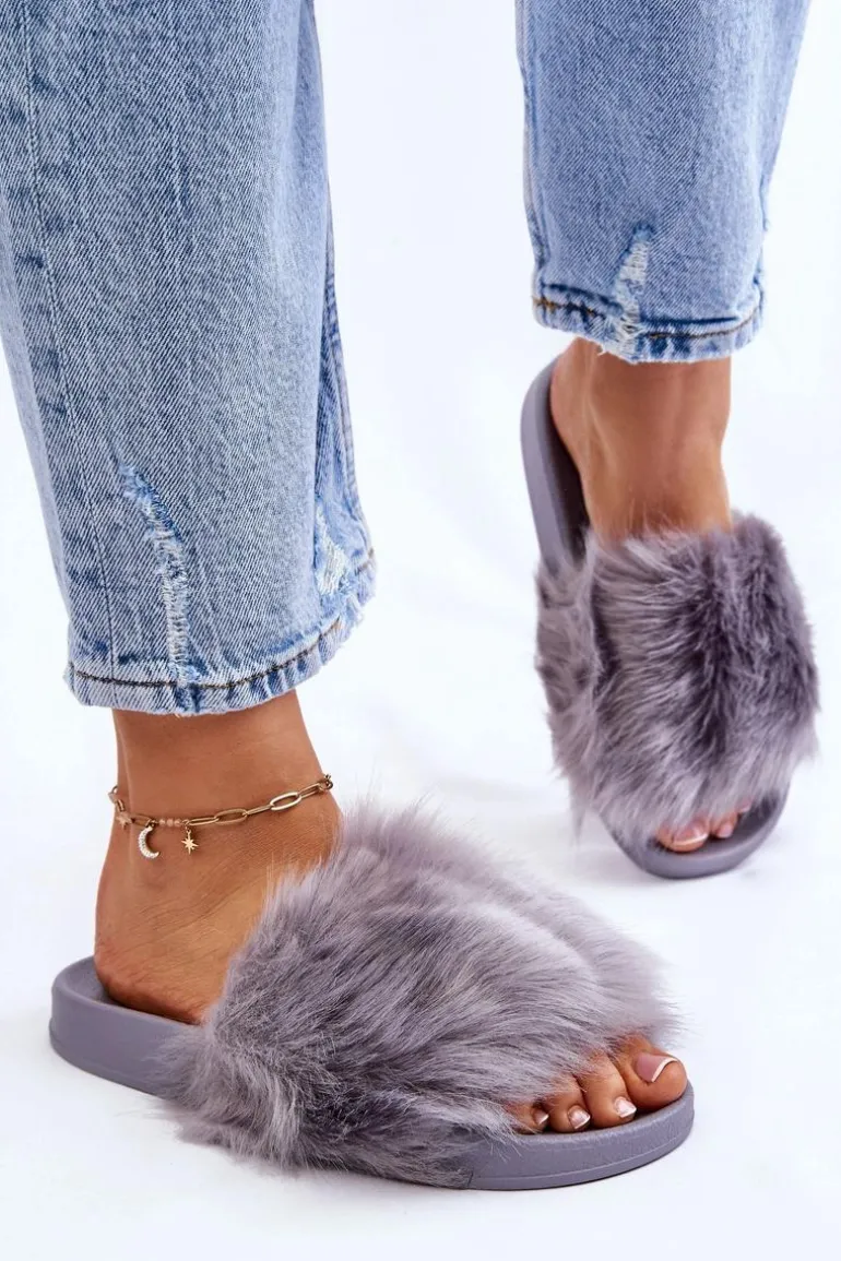 Klapki Z Futerkiem Gumowe Szare Allyson