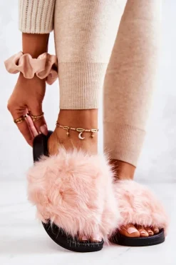 Klapki Z Futerkiem Gumowe Jasnoróżowe Pollie