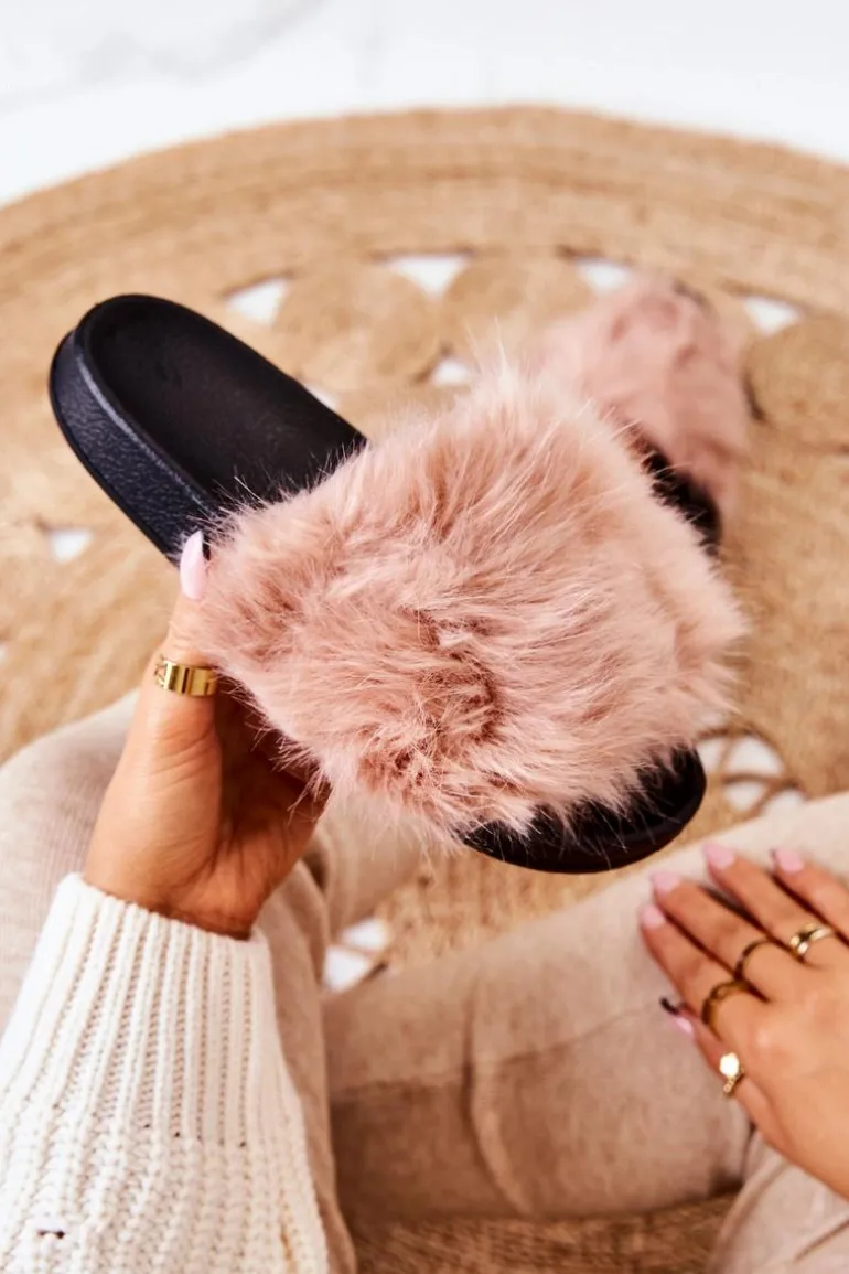 Klapki Z Futerkiem Gumowe Brudny Róż Pollie