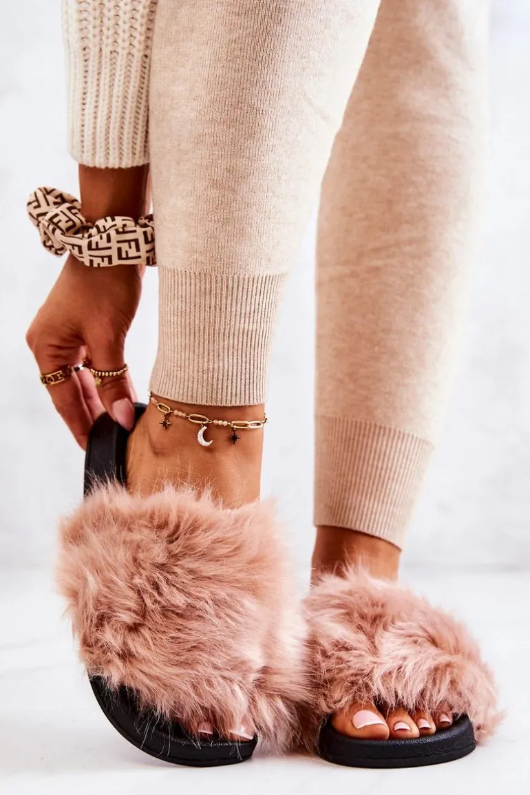 Klapki Z Futerkiem Gumowe Brudny Róż Pollie