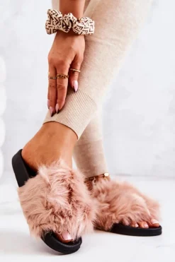 Klapki Z Futerkiem Gumowe Brudny Róż Pollie