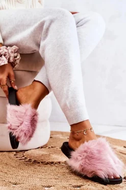 Klapki Z Futerkiem Gumowe Różowe Pollie