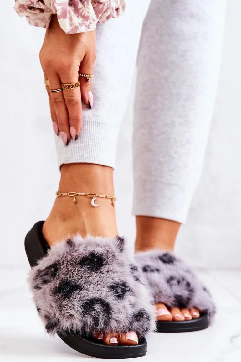 Klapki Z Futerkiem Gumowe Panterka Szare Noelle