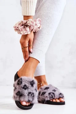 Klapki Z Futerkiem Gumowe Panterka Szare Noelle