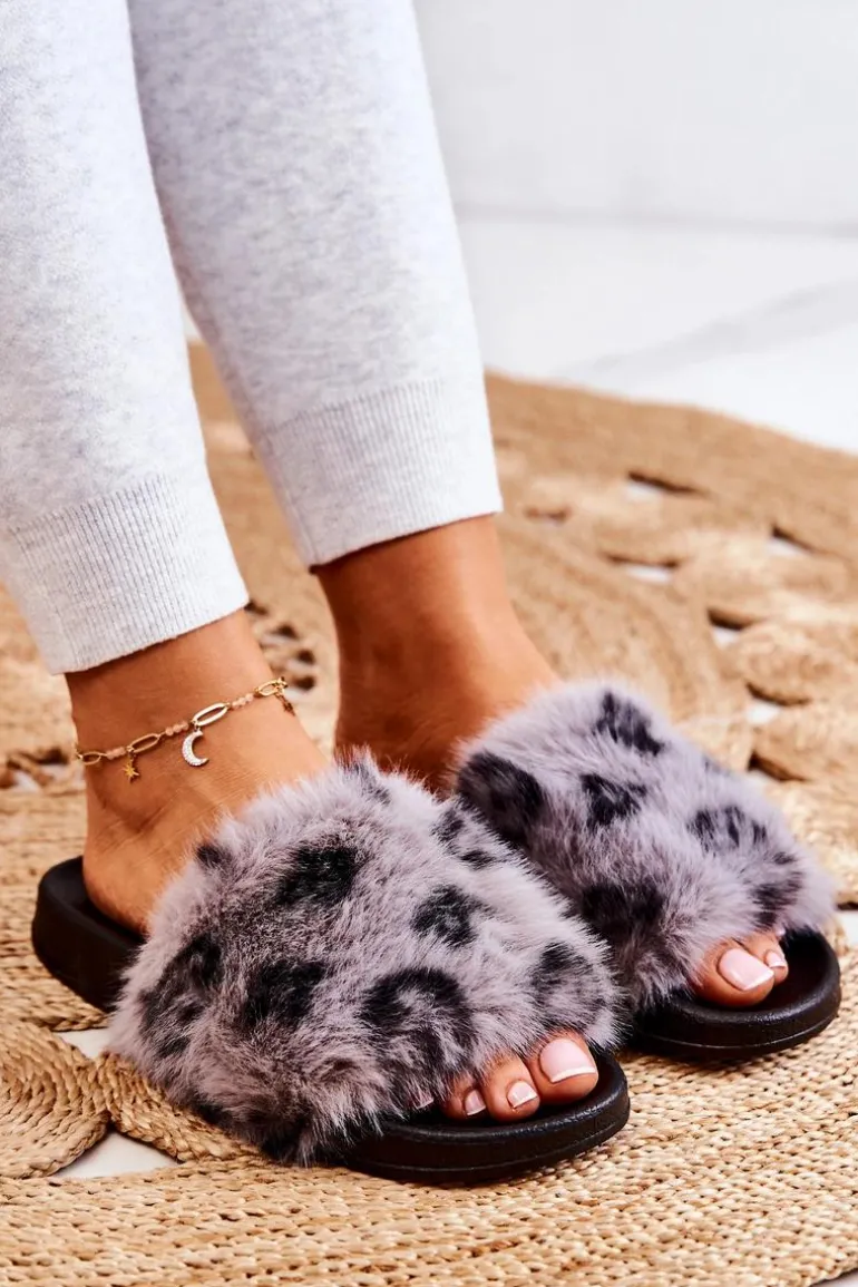 Klapki Z Futerkiem Gumowe Panterka Szare Noelle