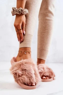 Klapki Z Futerkiem Gumowe Brudny Róż Allyson