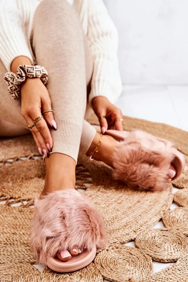 Klapki Z Futerkiem Gumowe Brudny Róż Allyson