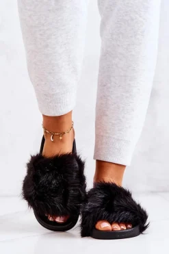 Klapki Z Futerkiem Gumowe Czarne Pollie