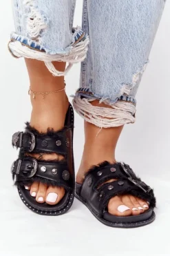 Klapki Z Klamrami I Futerkiem Czarne Lydi