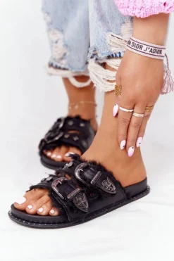 Klapki Z Klamrami I Futerkiem Czarne Lydi